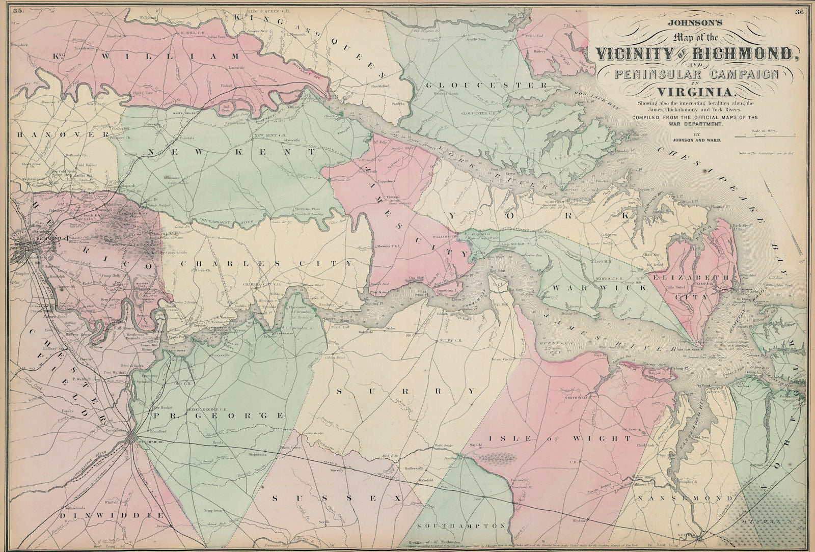 Vicinity of Richmond & Peninsular Campaign in Virginia. JOHNSON 1865 old map